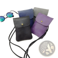 A collection of old worldly charm matte suede vegan leather crossbody bags in black purple blue and gray with gold buttons