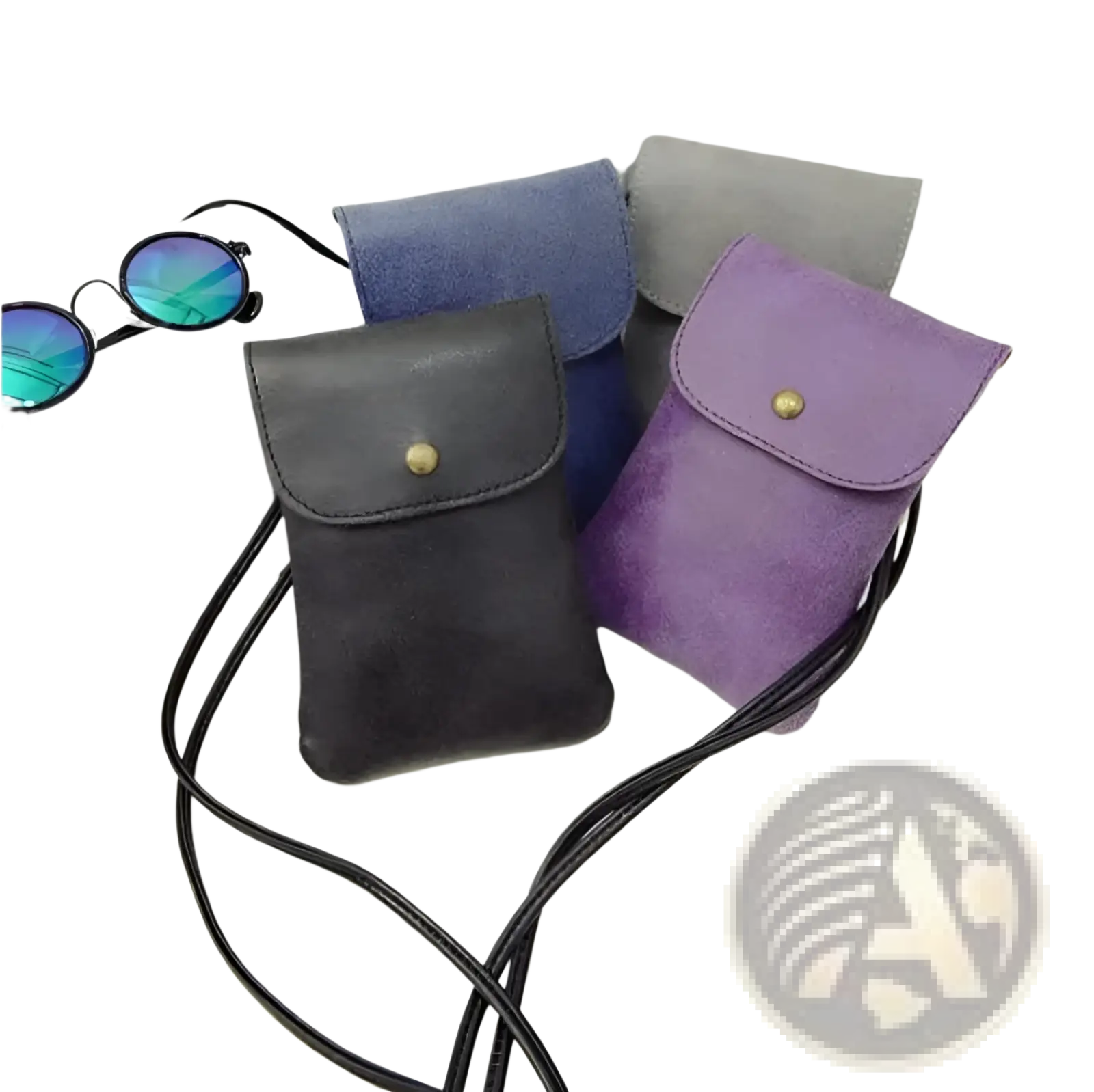 A collection of old worldly charm matte suede vegan leather crossbody bags in black purple blue and gray with gold buttons