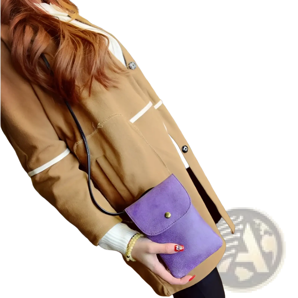 Old worldly charm matte suede vegan leather crossbody bag in purple with a gold-tone button clutch closure