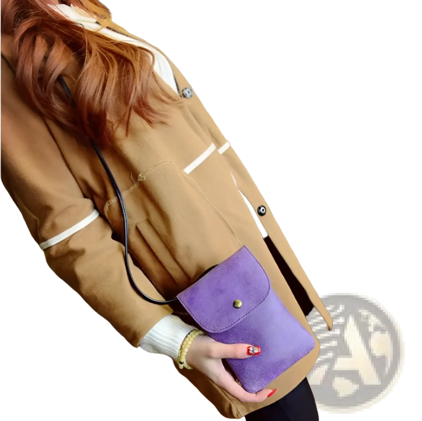 Old worldly charm matte suede vegan leather crossbody bag in purple with a gold-tone button clutch closure