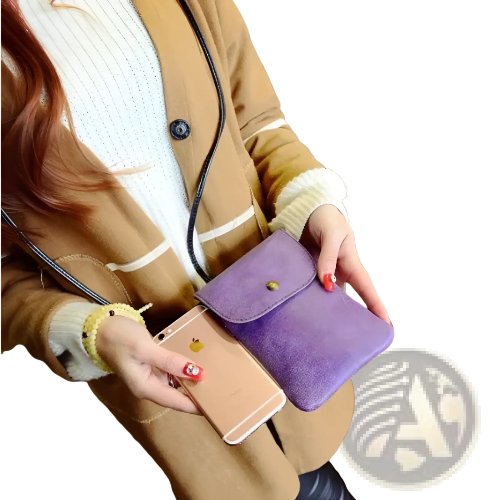 Purple suede phone case with single gold-tone snap button closure from old worldly charm matte suede vegan leather bag collection