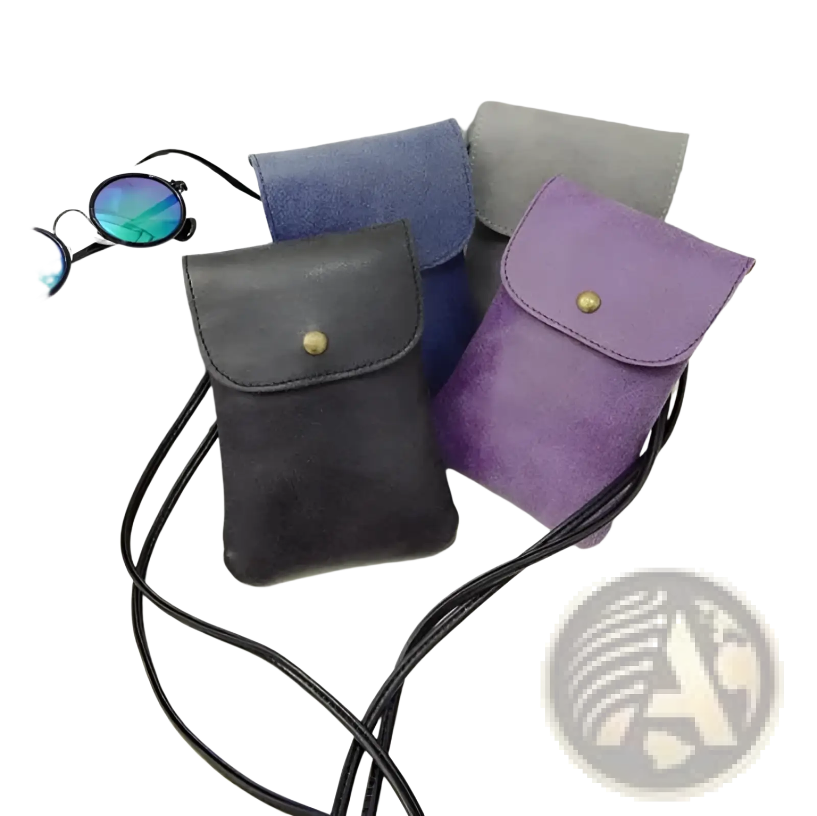 A collection of old worldly charm matte suede vegan leather crossbody bags in black purple and blue with gold snap closures