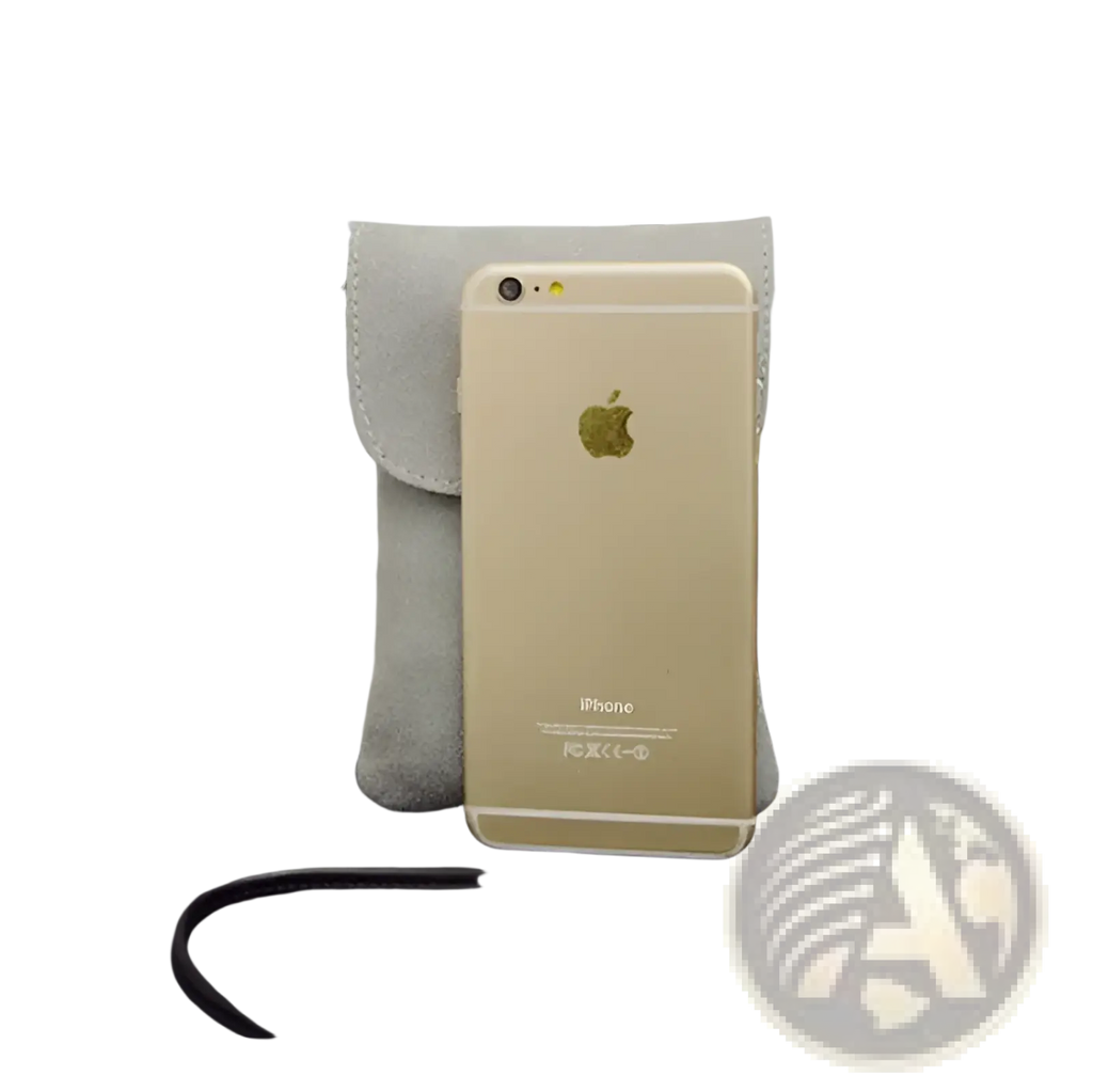 Old worldly charm matte suede vegan leather crossbody bag with gray fabric pouch holding gold iphone 6 with black strap