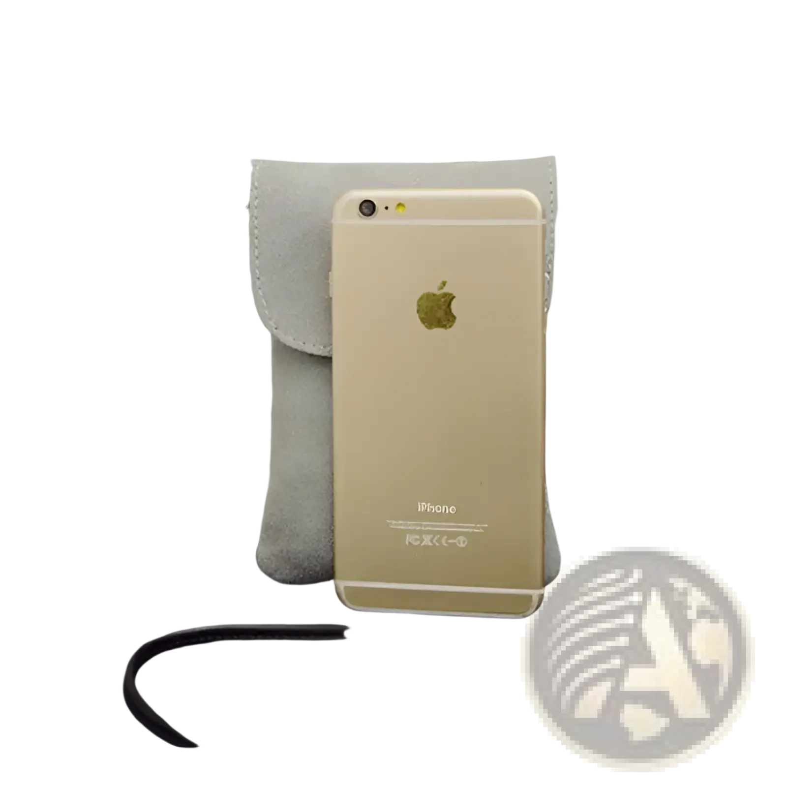 Old worldly charm matte suede vegan leather crossbody bag with gray fabric pouch holding gold iphone 6 with black strap