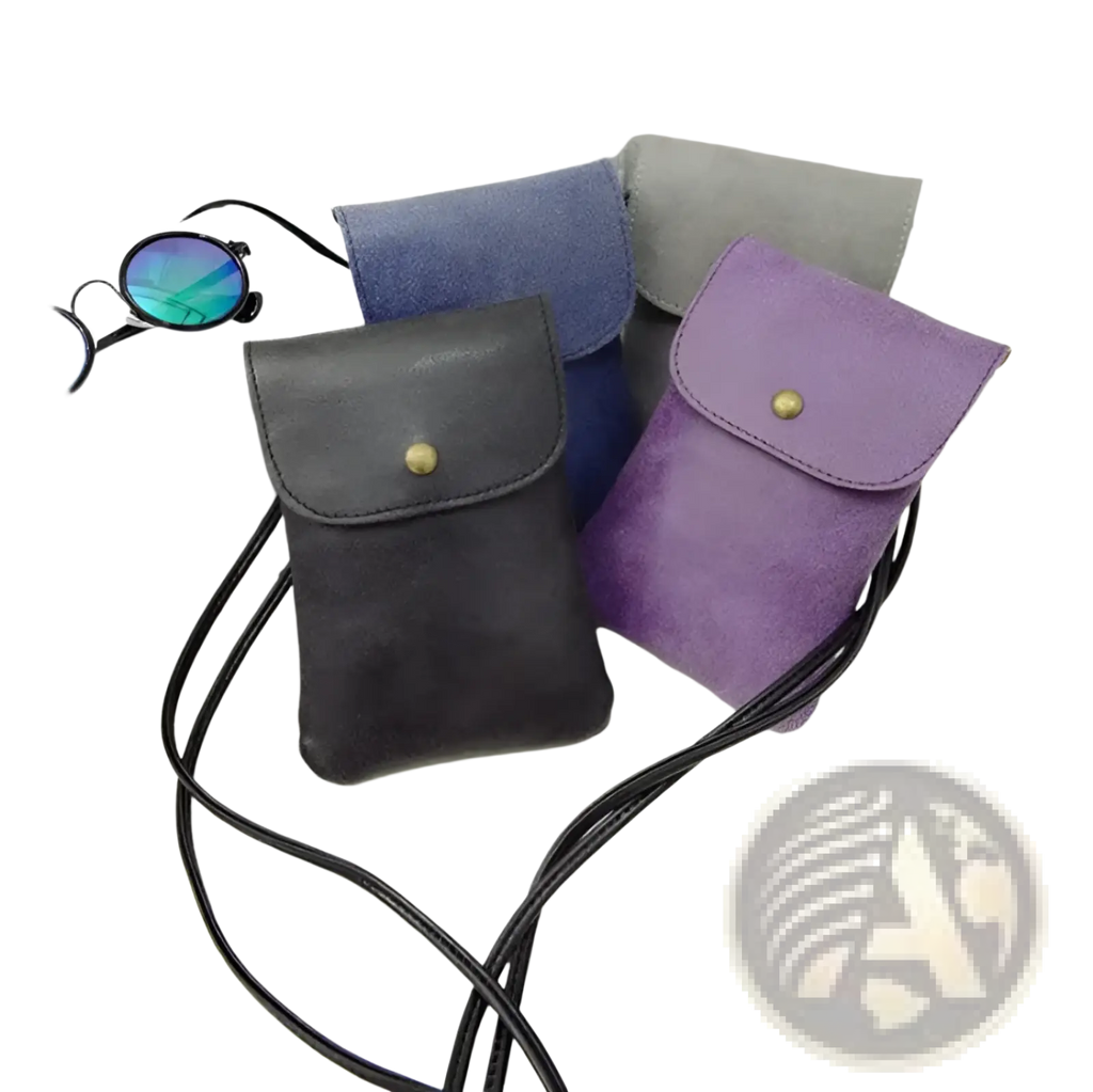 Old Worldly Charm matte suede vegan leather crossbody phone pouch in black with gold-tone snap button closure and adjustable strap