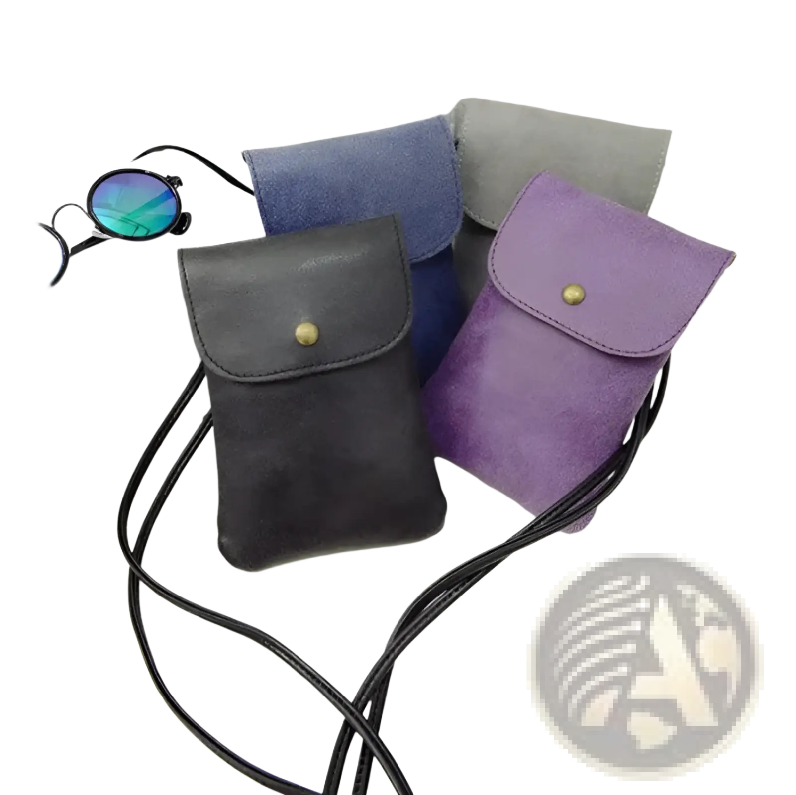 Old Worldly Charm matte suede vegan leather crossbody phone pouch in black with gold-tone snap button closure and adjustable strap