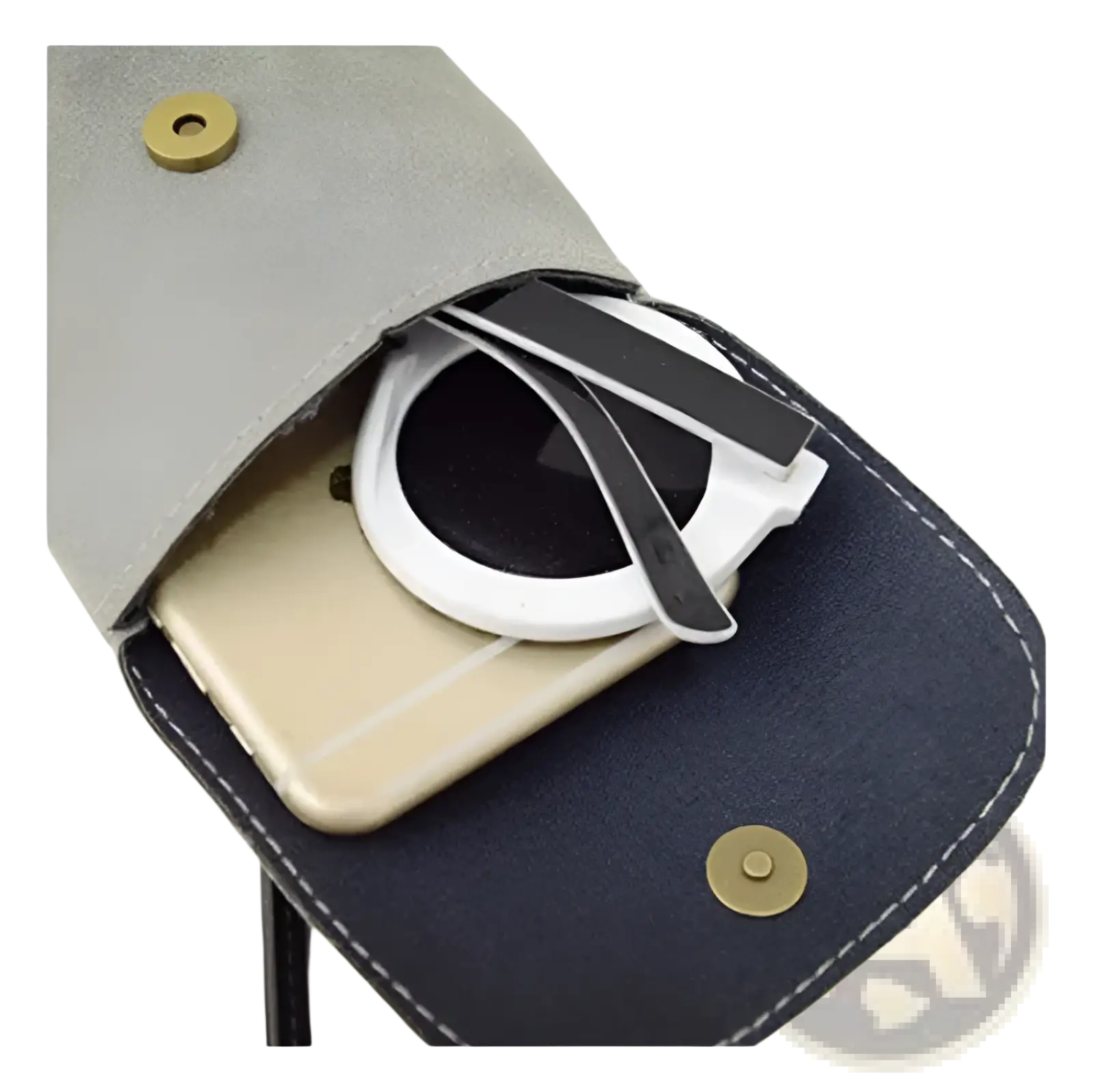 Gray and navy blue felt phone case with brass snap buttons shown with old worldly charm matte suede vegan leather crossbody bag
