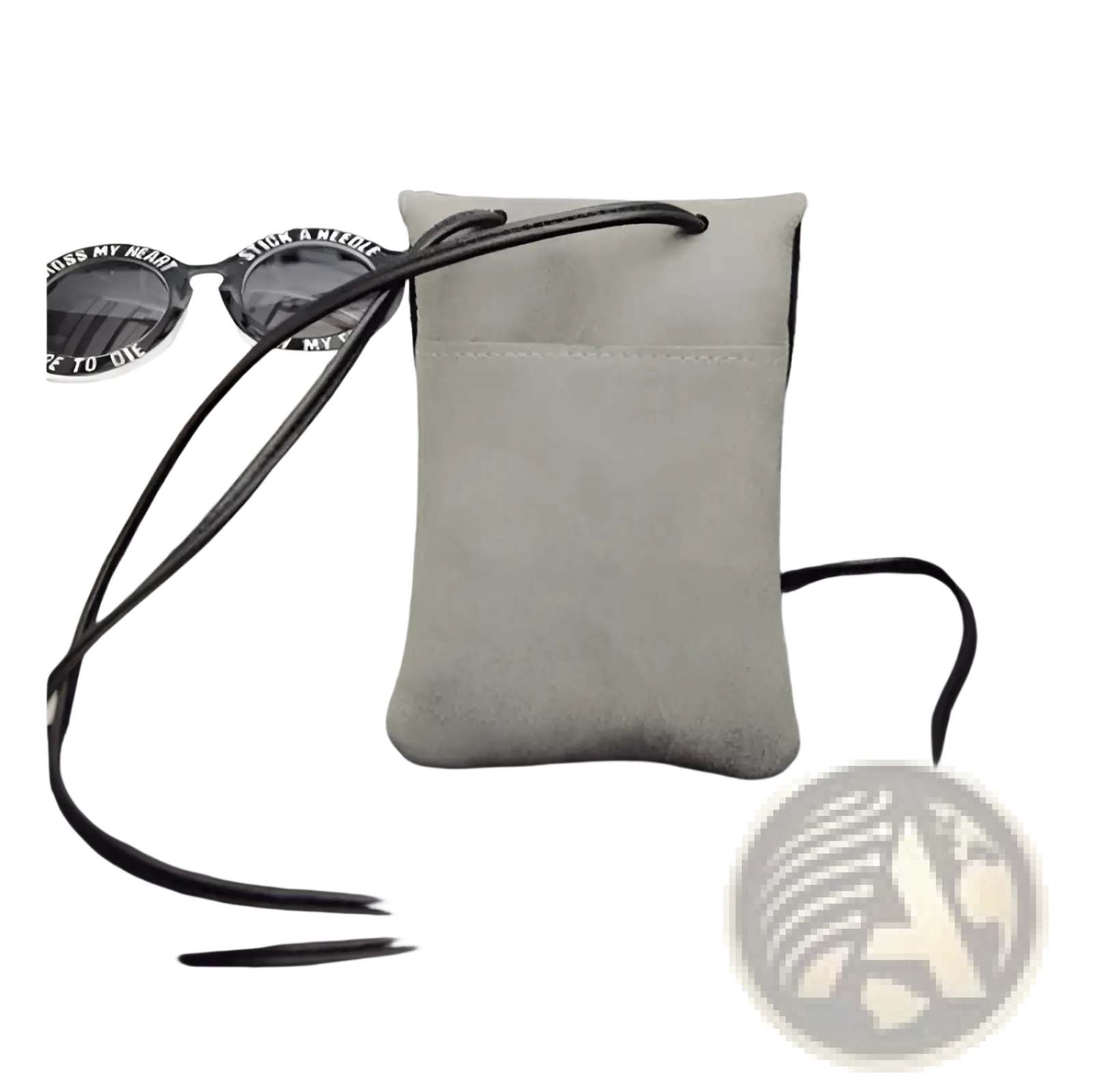 Old Worldly Charm matte suede vegan leather crossbody pouch in light gray with black adjustable strap and subtle stitching details