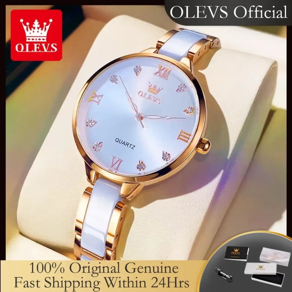Olevs ceramic women watch with light blue ceramic dial gold roman numerals diamond accents white ceramic bracelet
