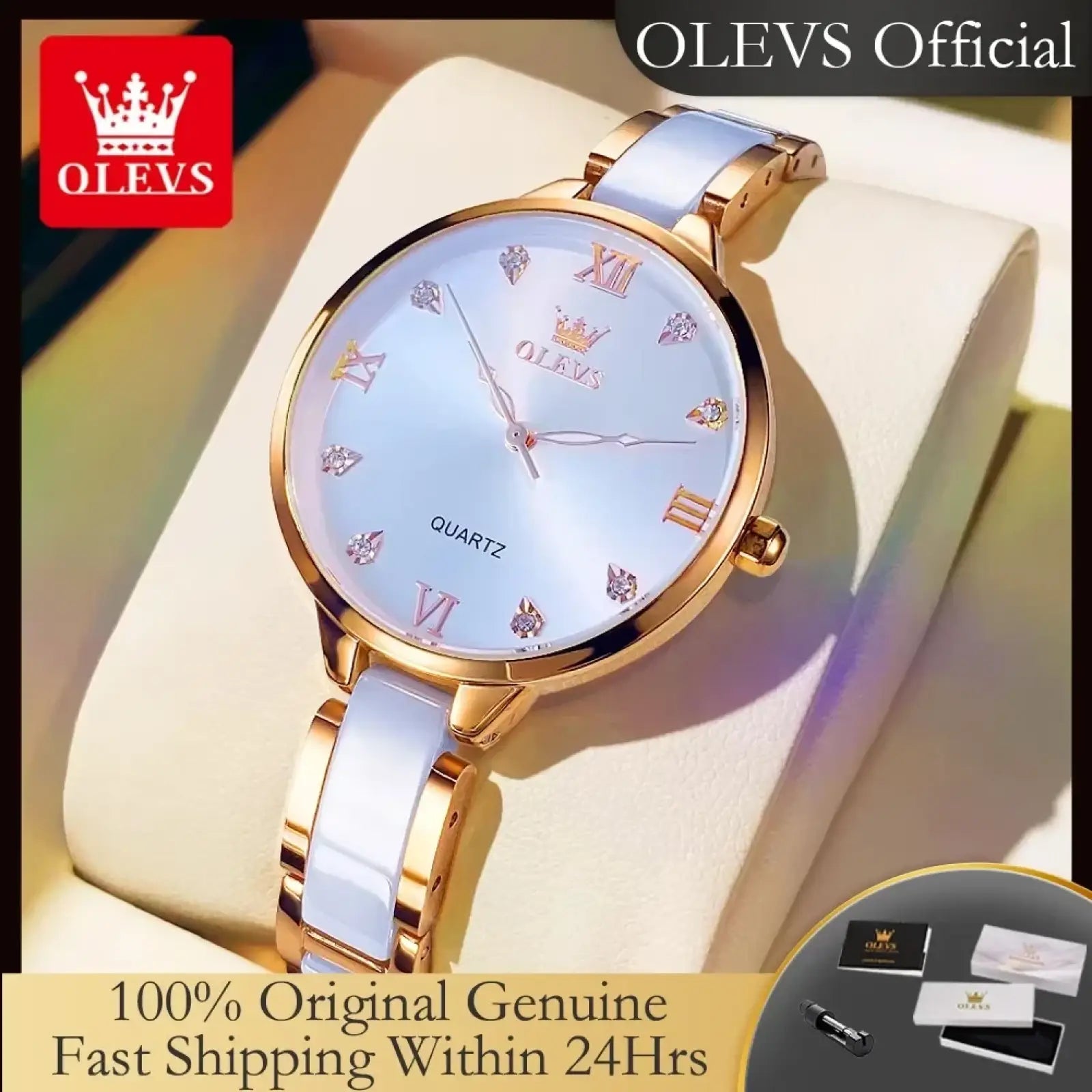 Olevs ceramic women watch with light blue ceramic dial gold roman numerals diamond accents white ceramic bracelet