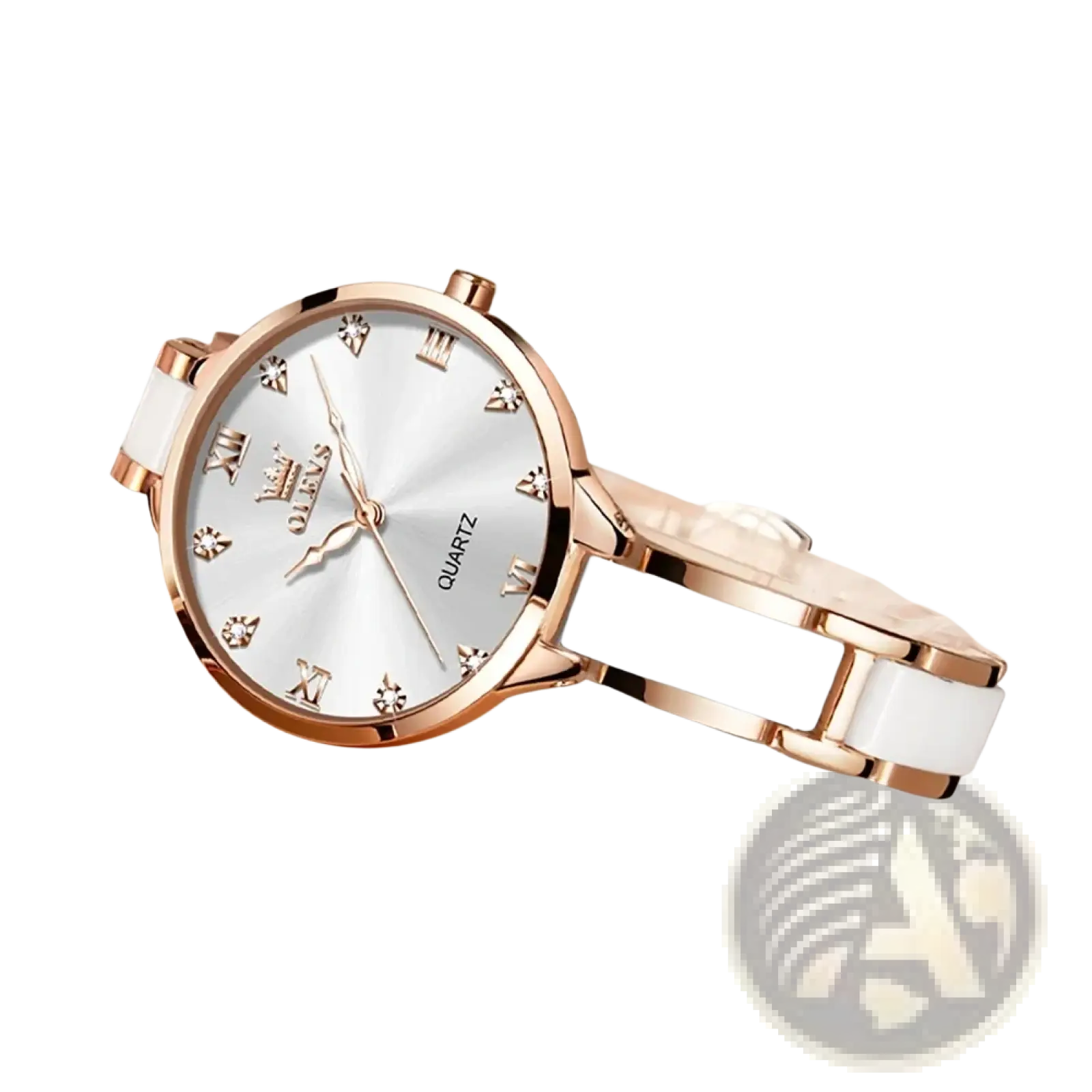 Olevs ceramic women watch with rose gold and white ceramic, diamond accents, and japan quartz waterproof movement