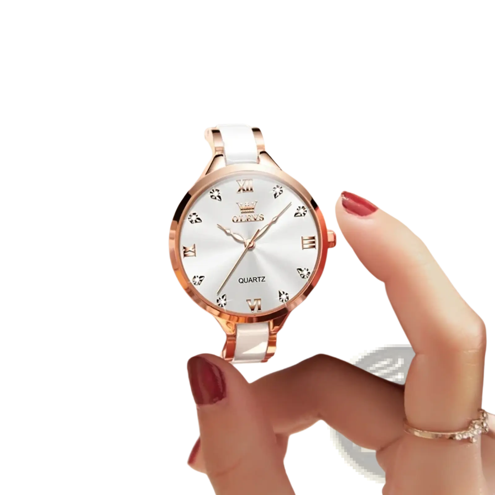 A delicate white ceramic and rose gold olevs quartz women watch with silver dial roman numerals and crystal accents