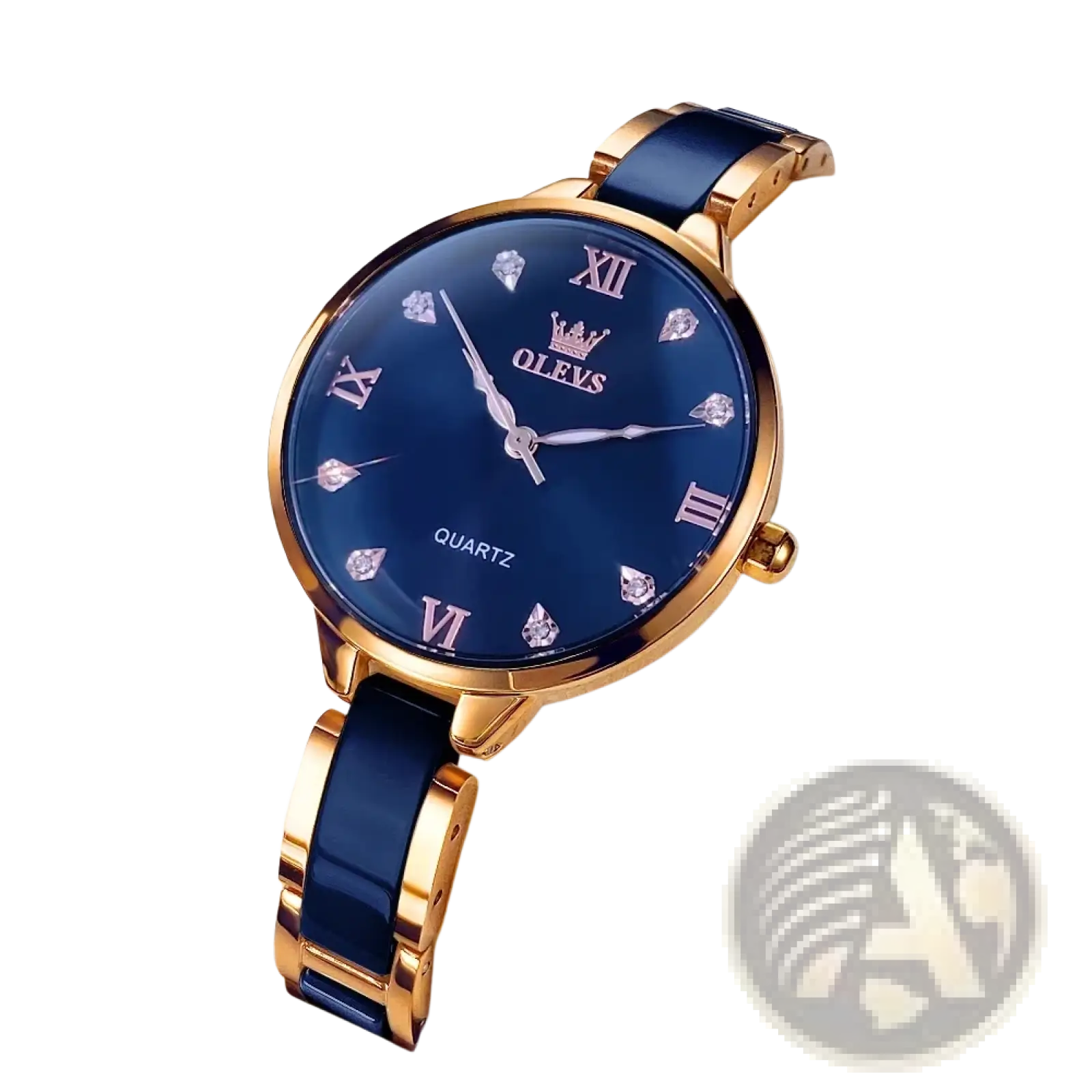 Olevs ceramic women watch with navy blue dial gold-tone case and bracelet featuring diamond-like markers Japan quartz waterproof