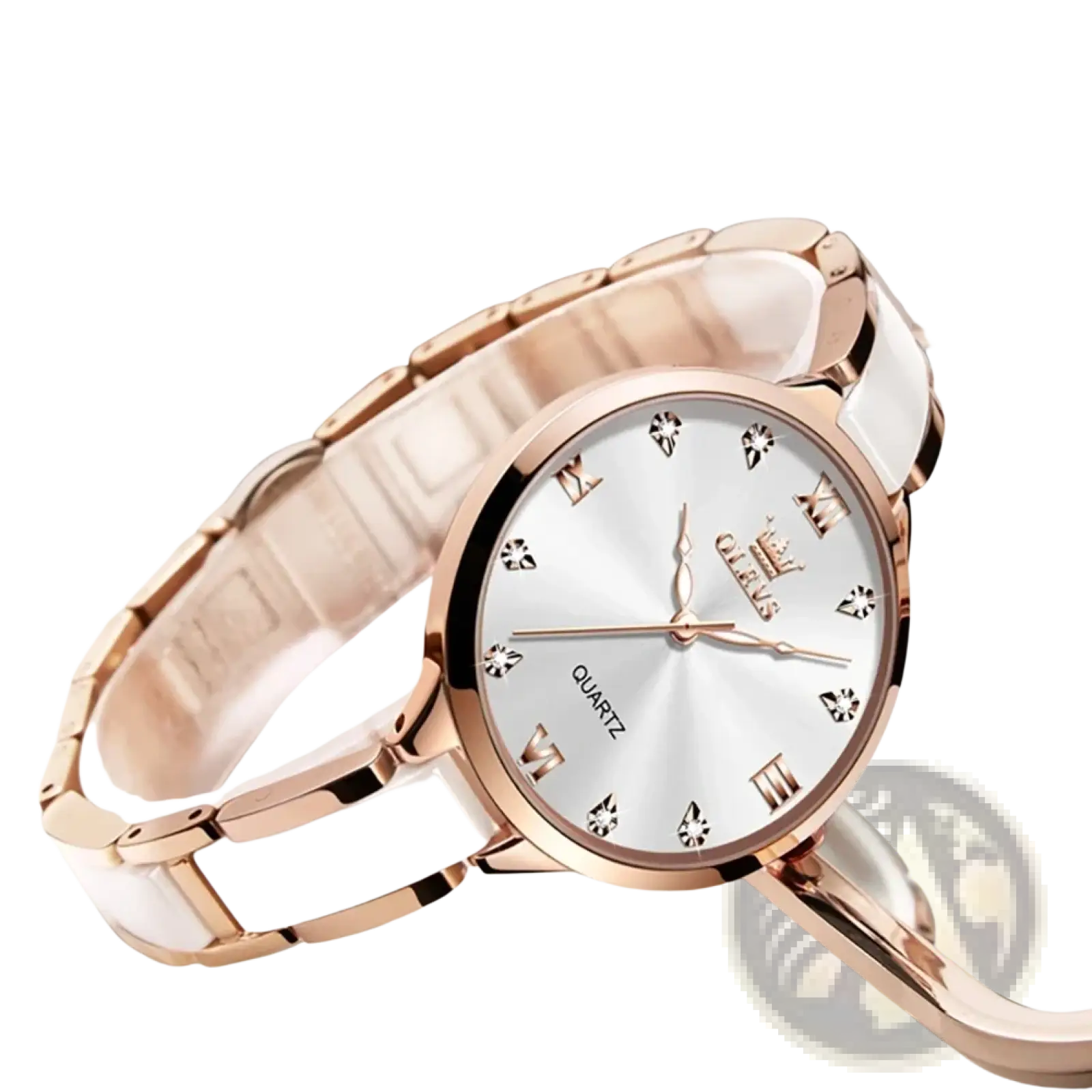 Rose gold-tone ceramic and metal Olevs ceramic women watch with white dial roman numerals and diamond-like embellishments