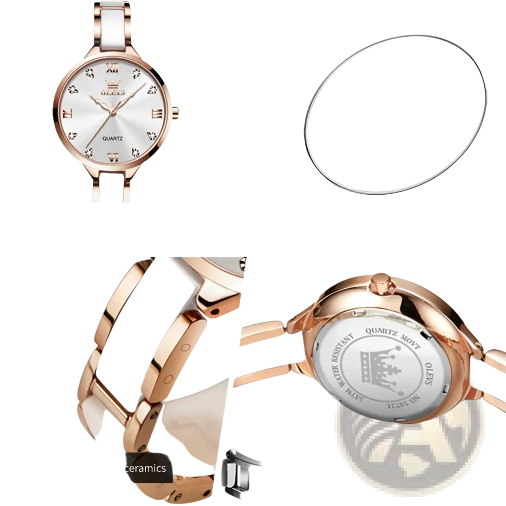 Rose gold and white ceramic Olevs women’s watch with Japan quartz movement and waterproof feature