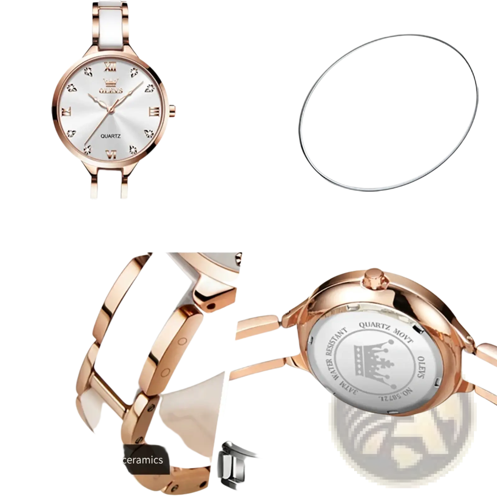 Rose gold and white ceramic Olevs women’s watch with Japan quartz movement and waterproof feature