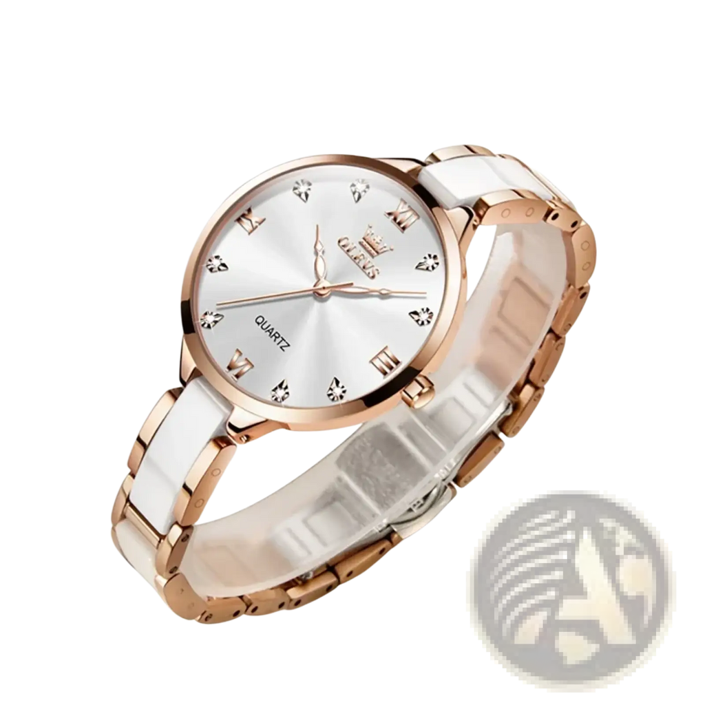 Rose gold and white ceramic Olevs women watch with diamond-like hour markers Japan quartz waterproof design