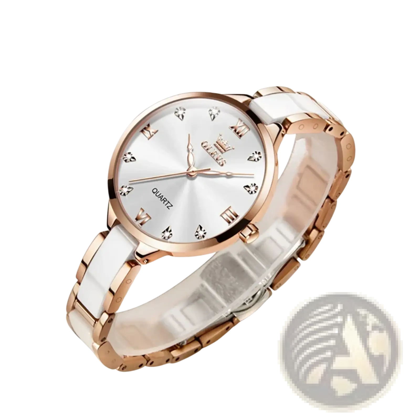 Rose gold and white ceramic Olevs women watch with diamond-like hour markers Japan quartz waterproof design