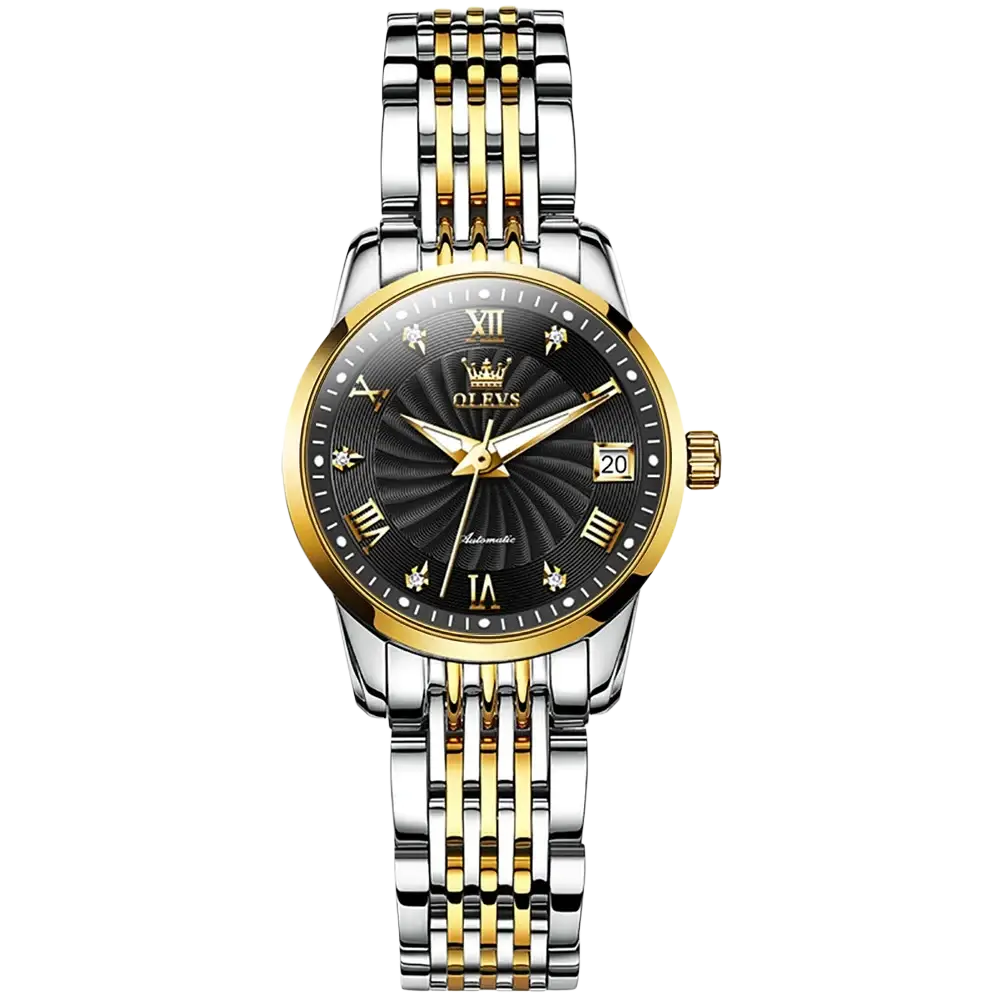 Olevs two-tone automatic mechanical watch for men with black dial gold-tone bezel and two-toned stainless steel bracelet