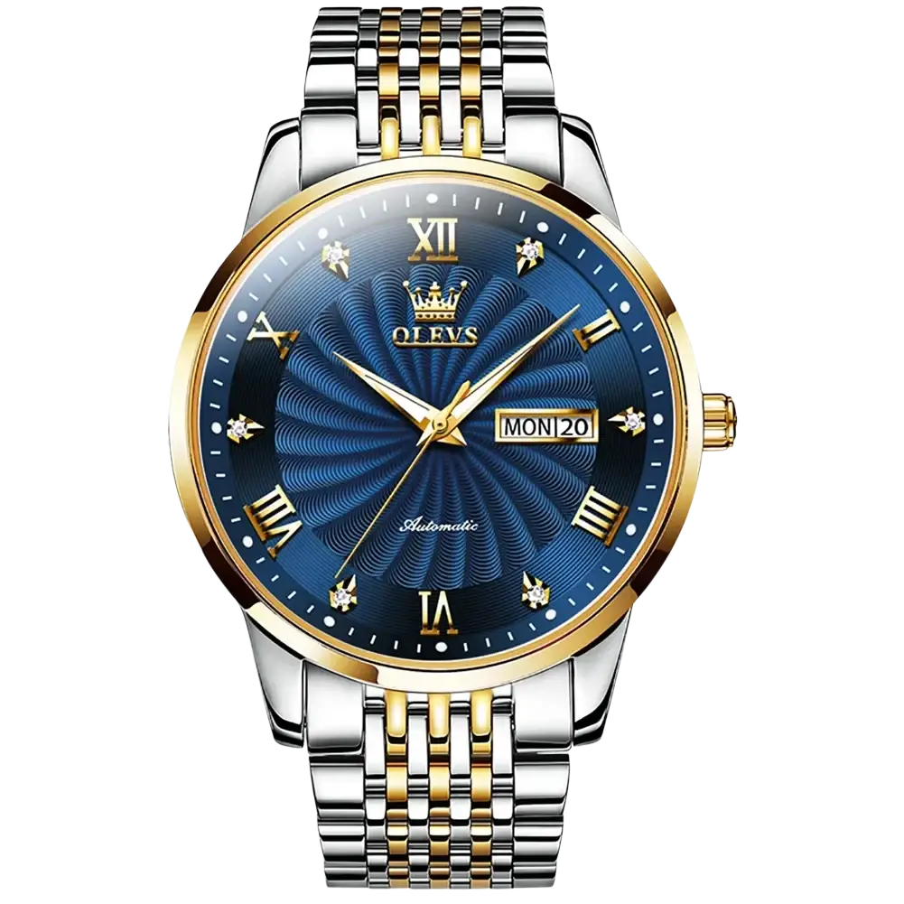 Olevs two-tone automatic mechanical watch for men with blue dial roman numerals gold-tone hands diamond accents stainless steel case and bracelet
