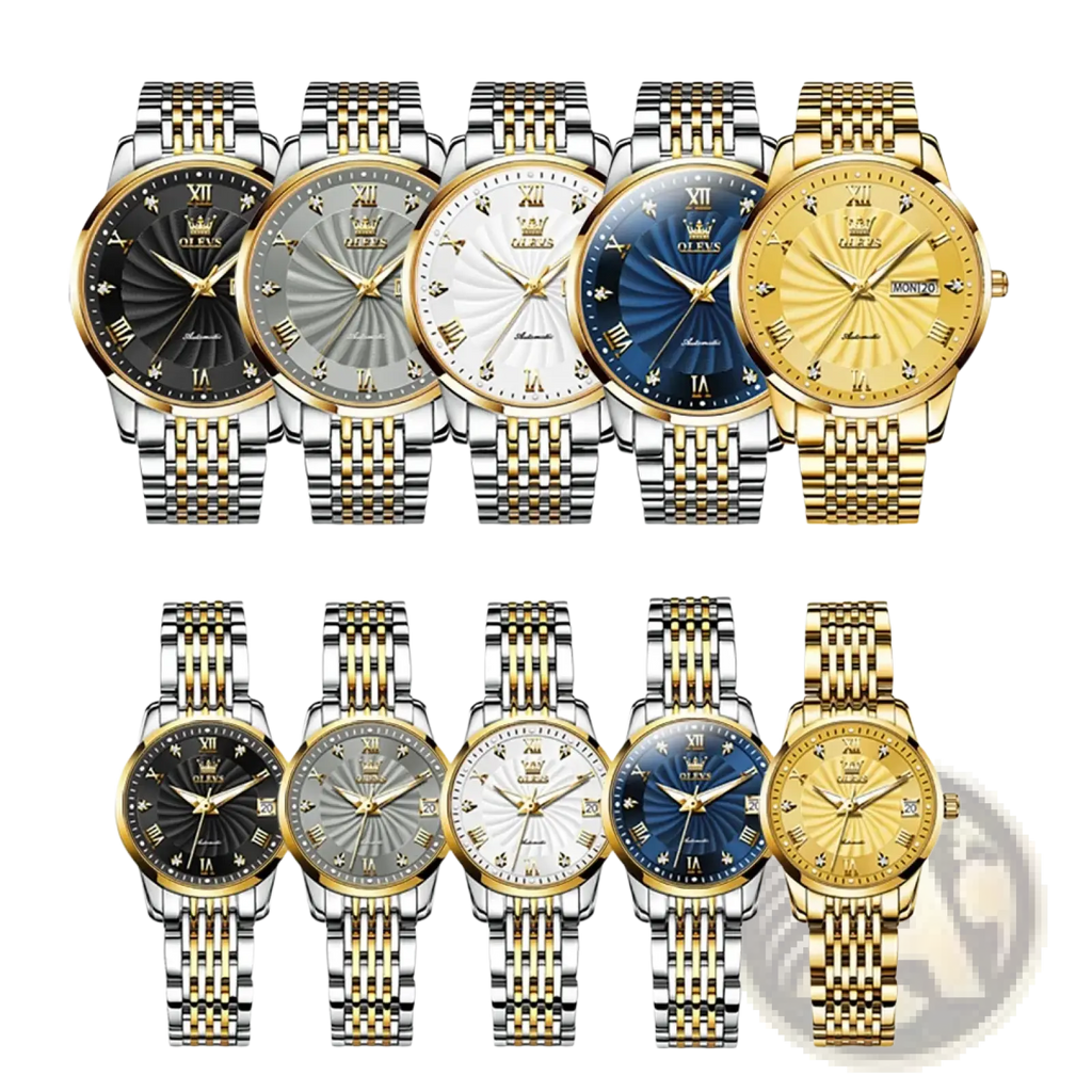 A collection of Olevs two-tone automatic mechanical watches for men with stainless steel and gold bracelets and roman numeral dials in multiple colors