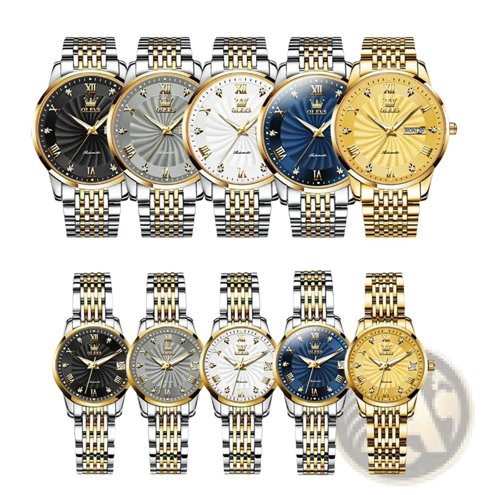 A collection of Olevs two-tone automatic mechanical watches for men with stainless steel and gold bracelets and roman numeral dials in multiple colors