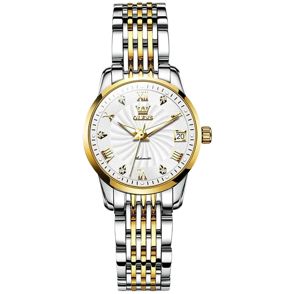 An elegant Olevs two-tone automatic mechanical watch for men with stainless steel and gold bracelet and white sunburst dial