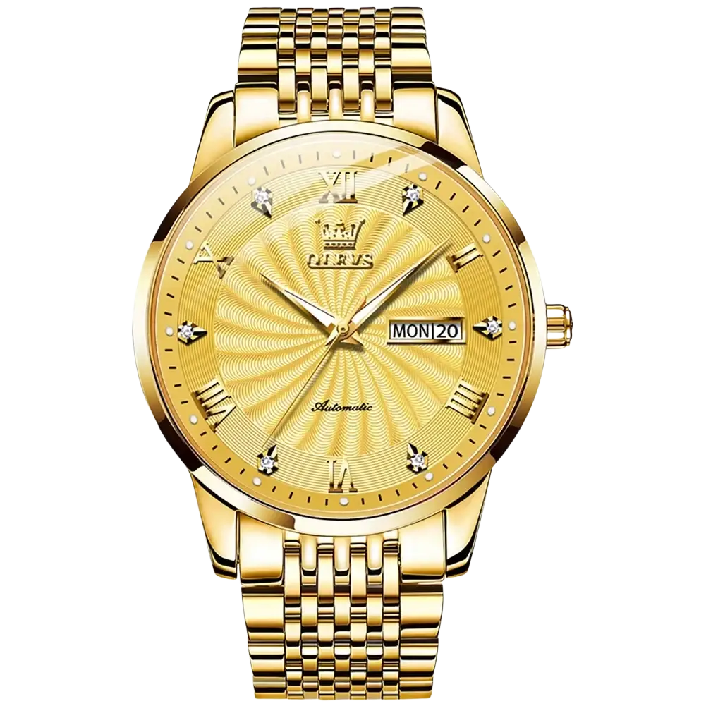 Olevs two-tone automatic mechanical watch for men with gold-tone sunburst dial, roman numerals, diamond accents, and metal bracelet