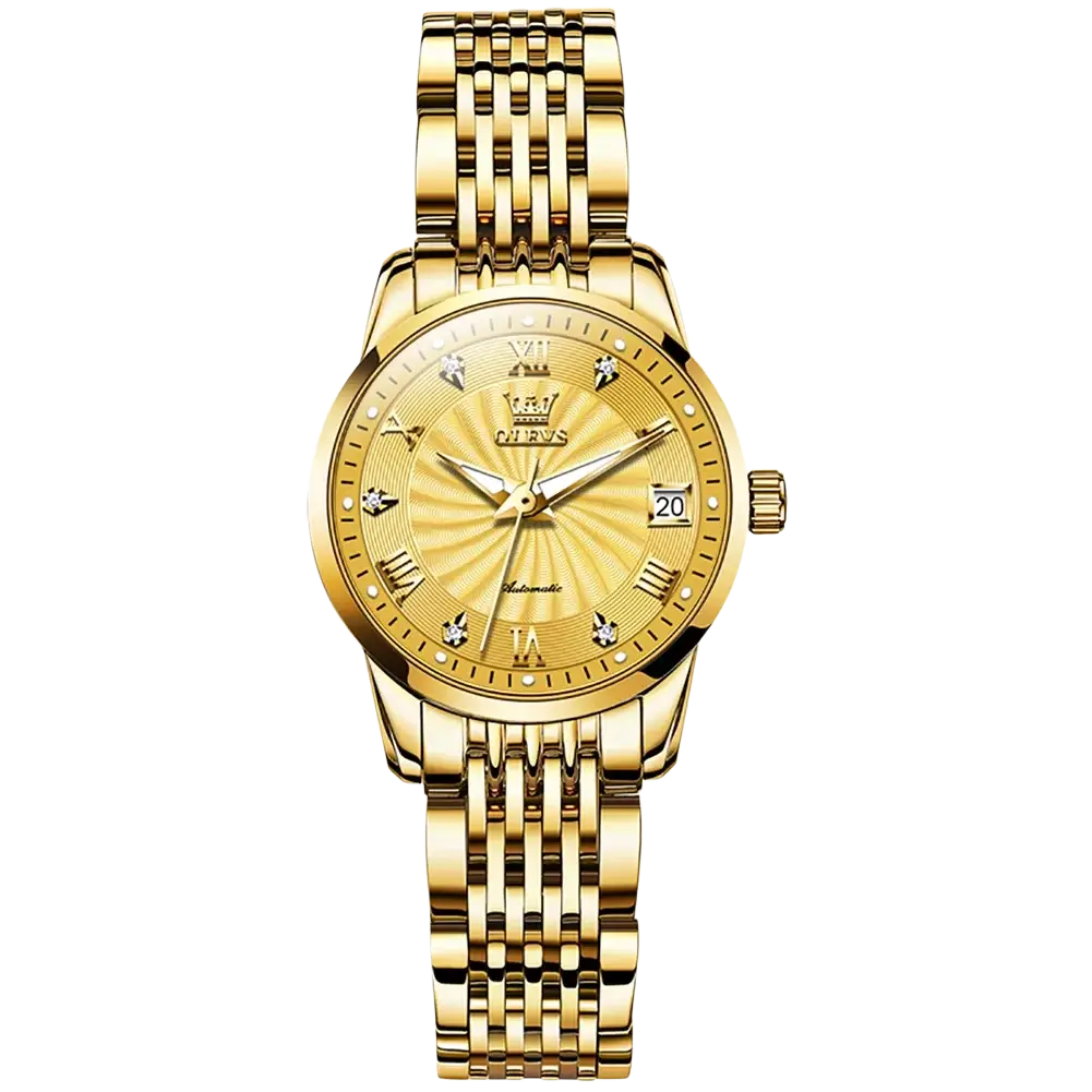 Gold-tone olevs two-tone automatic mechanical watch for men with sunburst dial roman numerals and diamond accents