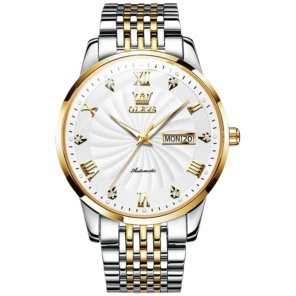 Olevs two-tone automatic mechanical watch for men with a stainless steel and gold bracelet and white dial with roman numerals