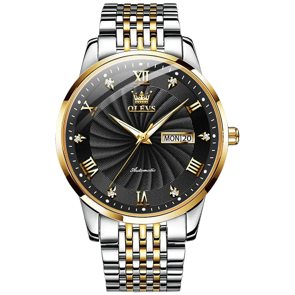Olevs two-tone automatic mechanical watch for men with black dial, gold roman numerals, diamond accents, and stainless steel bracelet