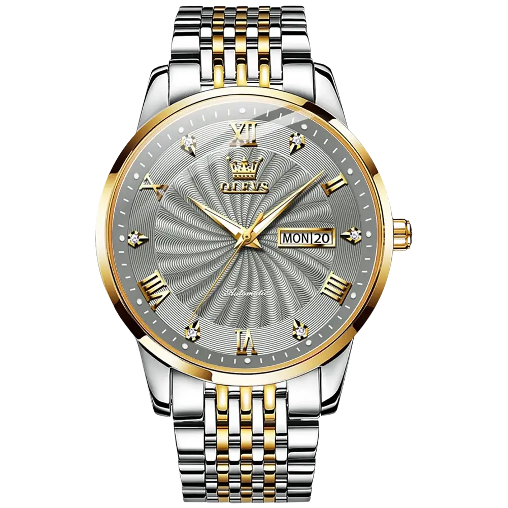 Olevs two-tone automatic mechanical watch for men with silver dial, roman numerals, diamond accents, and gold-toned bezel