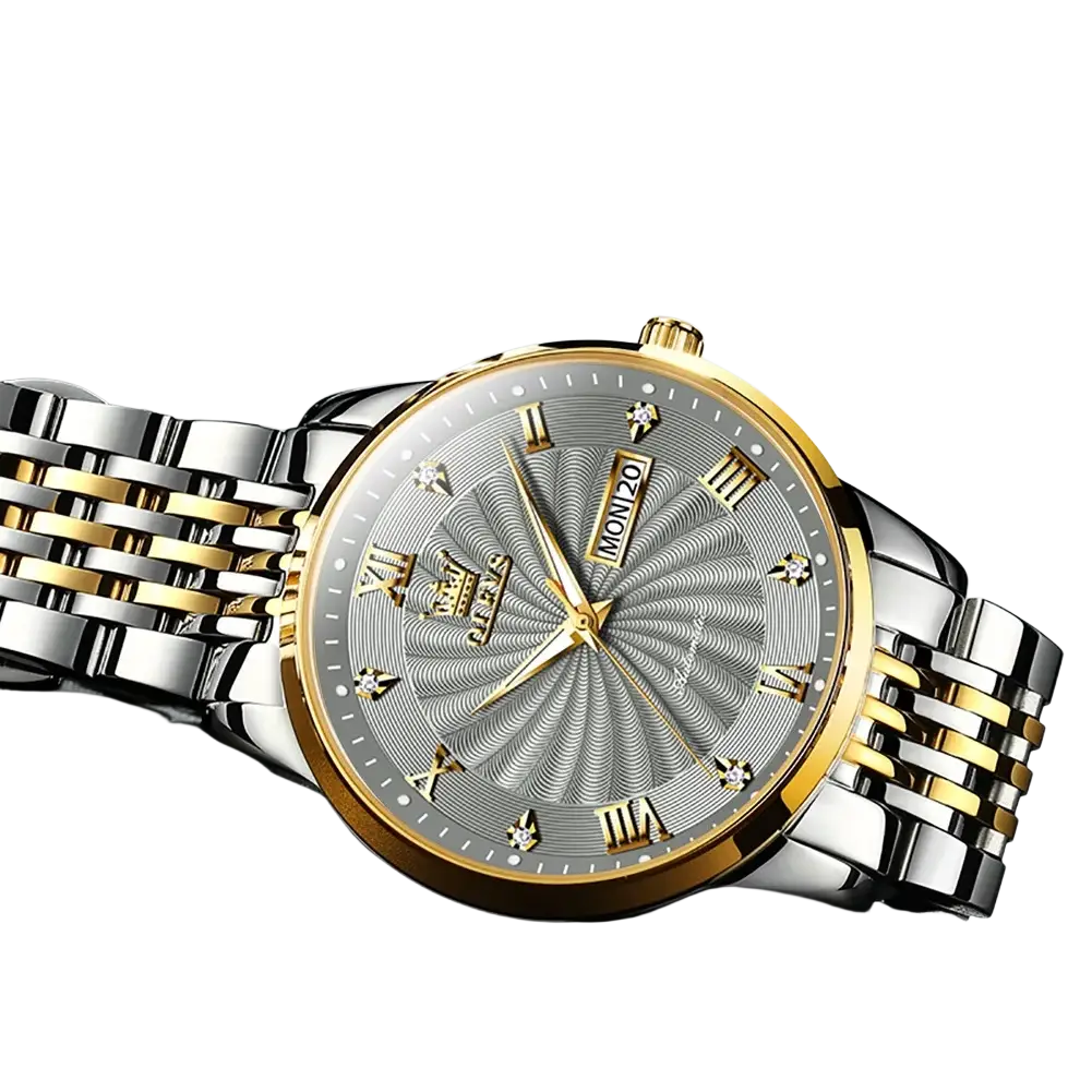 Olevs two-tone automatic mechanical watch for men with silver dial, roman numerals, diamond accents, and gold-toned bezel