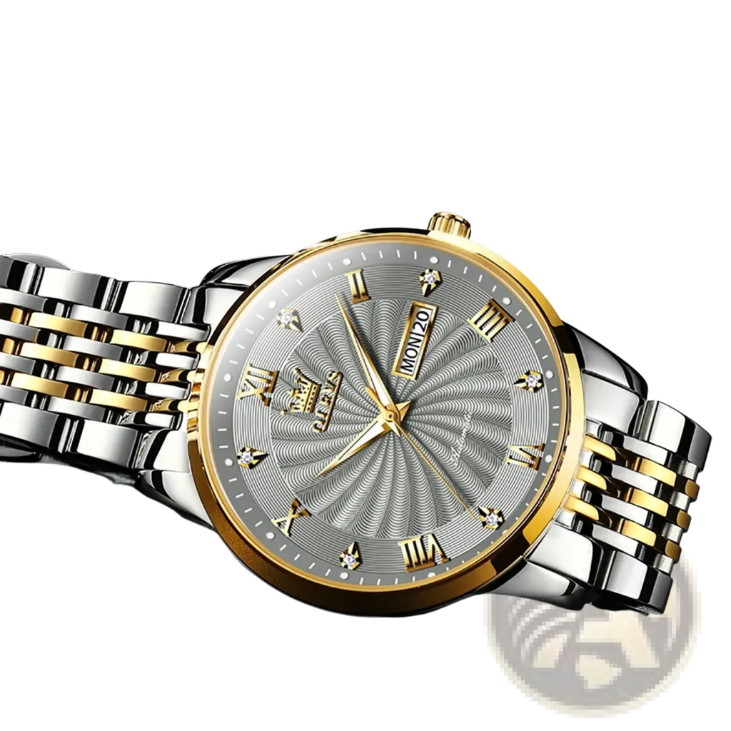 Olevs two-tone automatic mechanical watch for men with silver dial, roman numerals, diamond accents, and gold-toned bezel