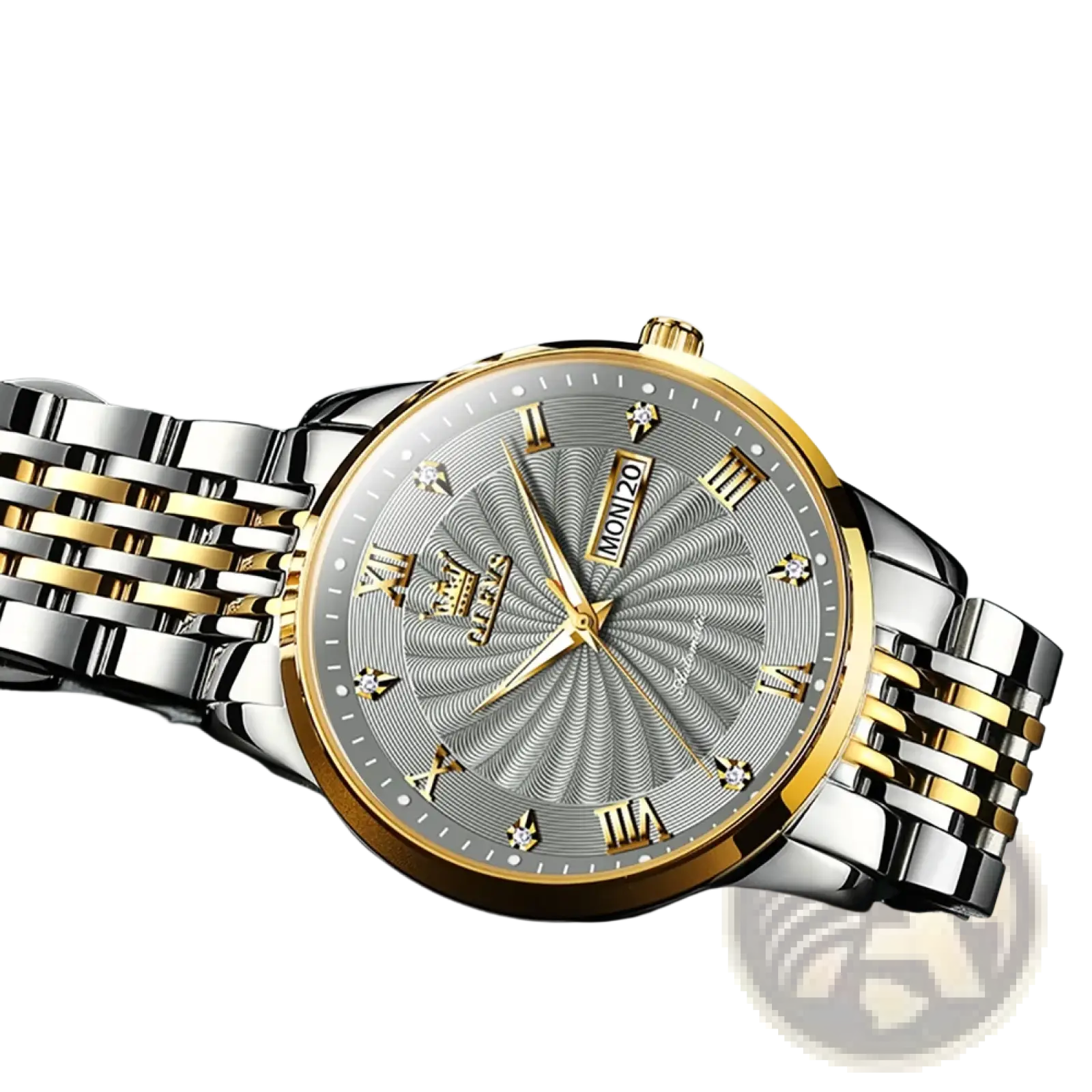 Olevs two-tone automatic mechanical watch for men with silver dial, roman numerals, diamond accents, and gold-toned bezel