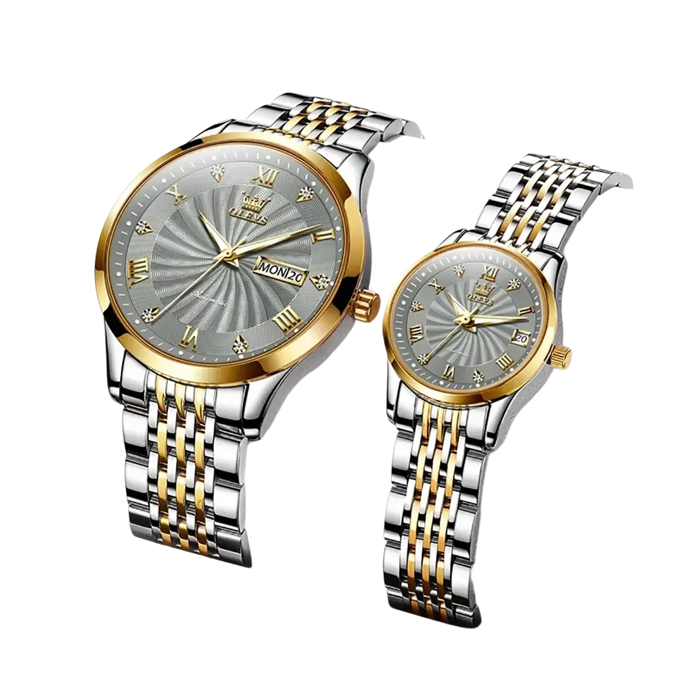A pair of olevs two-tone automatic mechanical wristwatches for men with gold silver links and gray sunburst dials