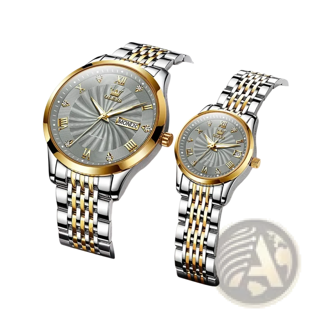A pair of olevs two-tone automatic mechanical wristwatches for men with gold silver links and gray sunburst dials