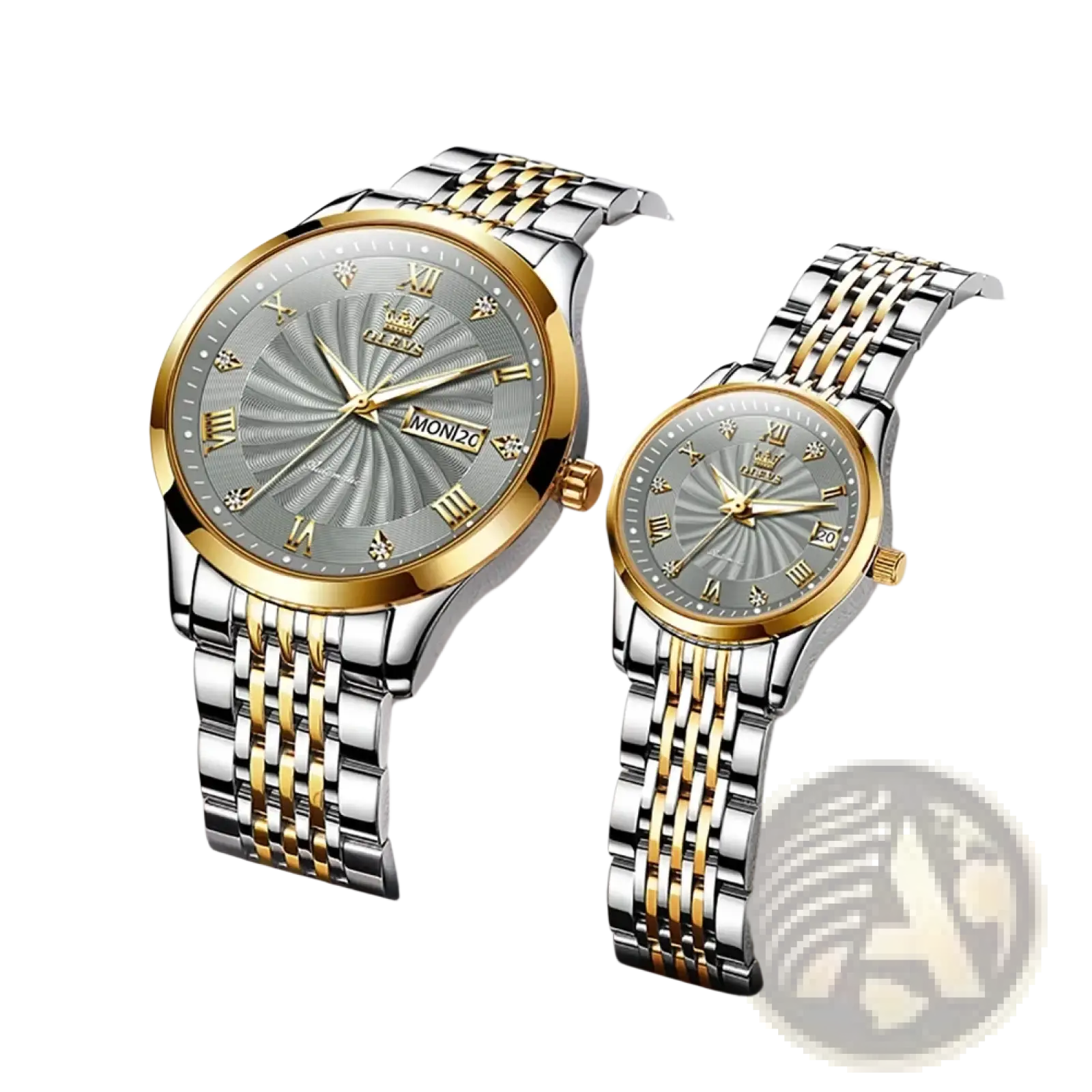 A pair of olevs two-tone automatic mechanical wristwatches for men with gold silver links and gray sunburst dials