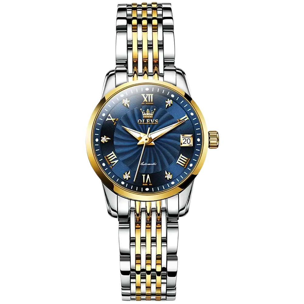 A sleek olevs two-tone automatic mechanical watch for men with a stainless steel and gold bracelet and blue dial