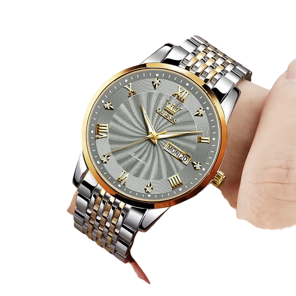 A sleek Olevs two-tone automatic mechanical men’s watch with silver and gold bracelet and gray sunburst dial