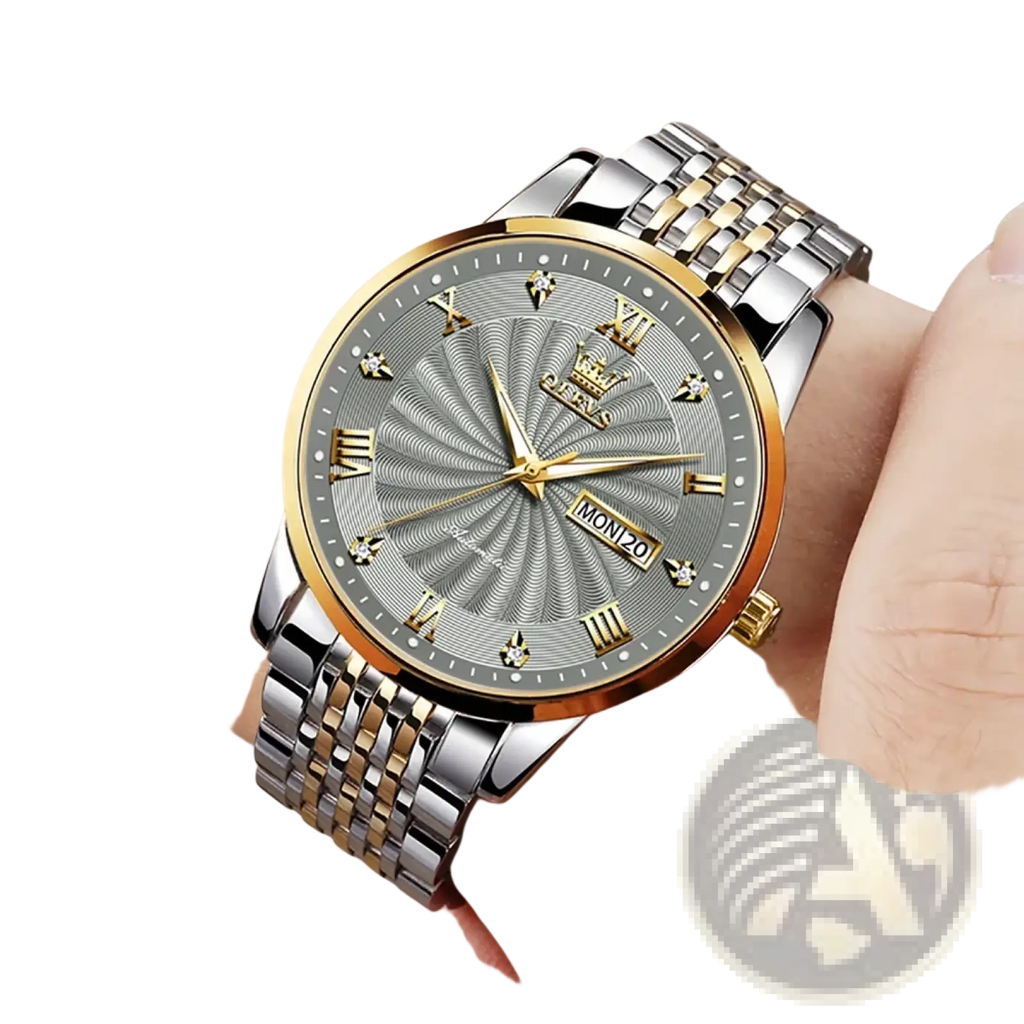 A sleek Olevs two-tone automatic mechanical men’s watch with silver and gold bracelet and gray sunburst dial