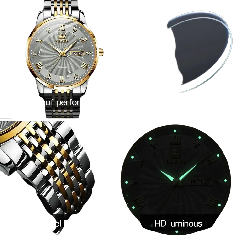 Olevs two-tone automatic mechanical watch for men with a silver and gold face and roman numeral markers
