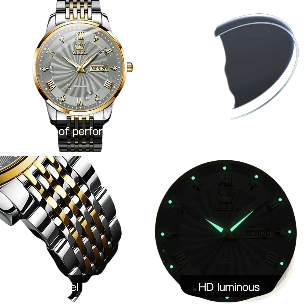 Olevs two-tone automatic mechanical watch for men with a silver and gold face and roman numeral markers