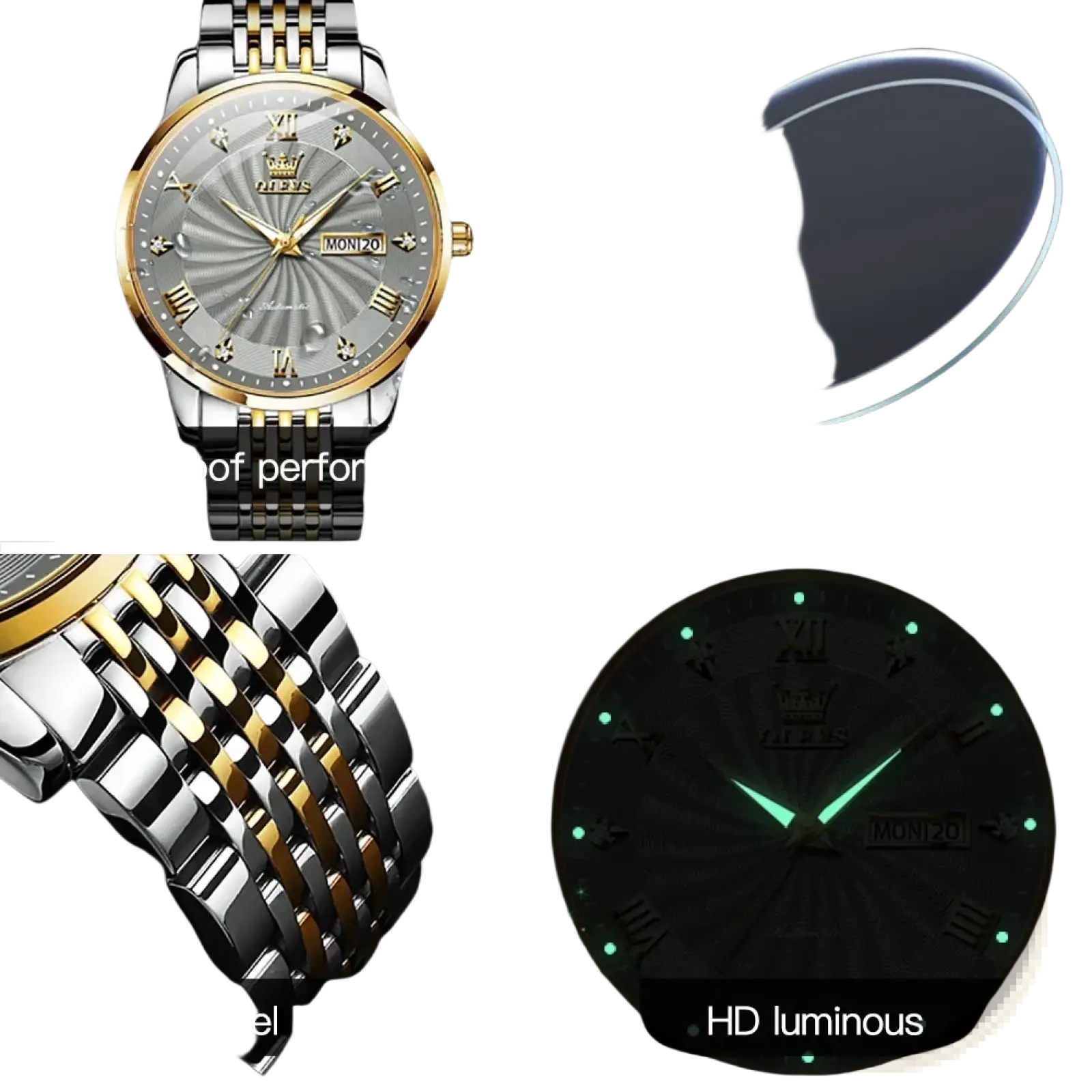 Olevs two-tone automatic mechanical watch for men with a silver and gold face and roman numeral markers