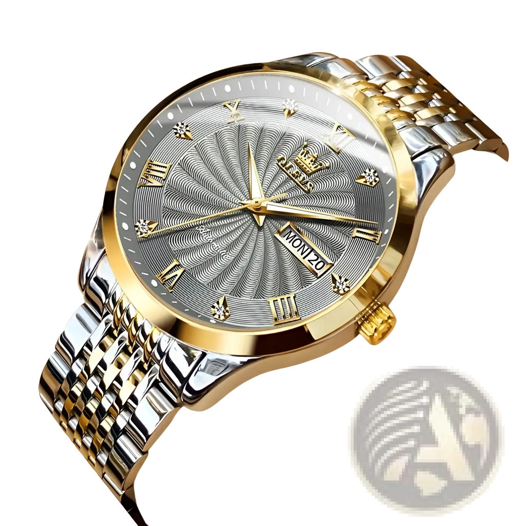 A sophisticated olevs two-tone automatic mechanical men’s watch with stainless steel and gold bracelet and silver dial