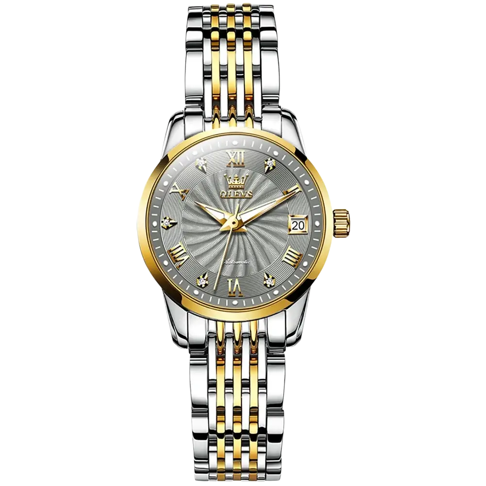 Olevs two-tone automatic mechanical watch for men with stainless steel and gold case silver dial roman numerals and diamonds