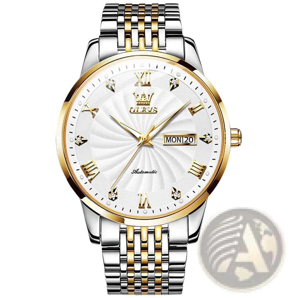 Olevs two-tone automatic mechanical watch for men with a stainless steel and gold bracelet and white dial with roman numerals