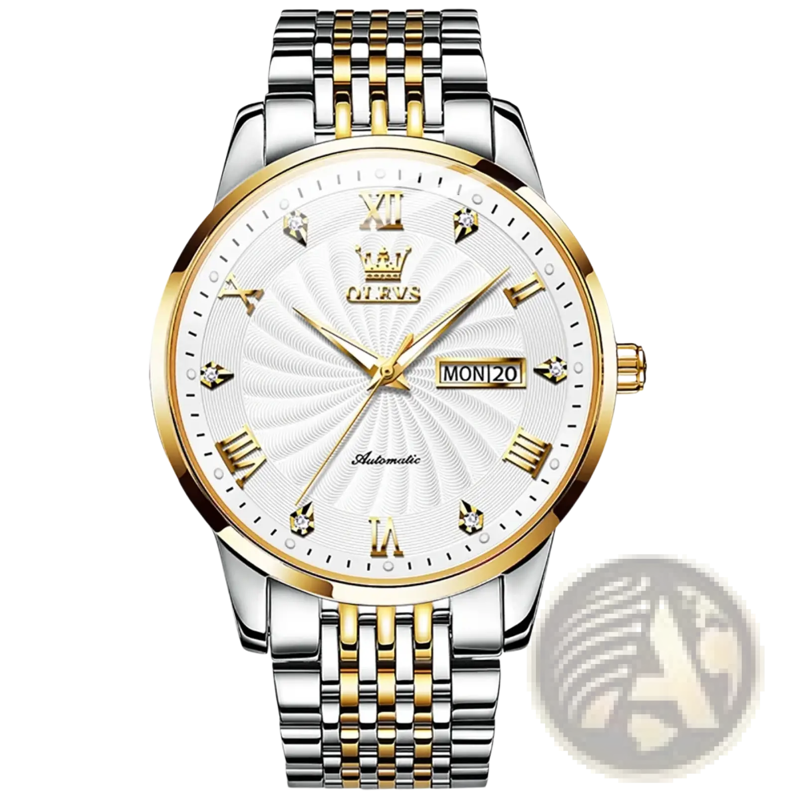 Olevs two-tone automatic mechanical watch for men with a stainless steel and gold bracelet and white dial with roman numerals