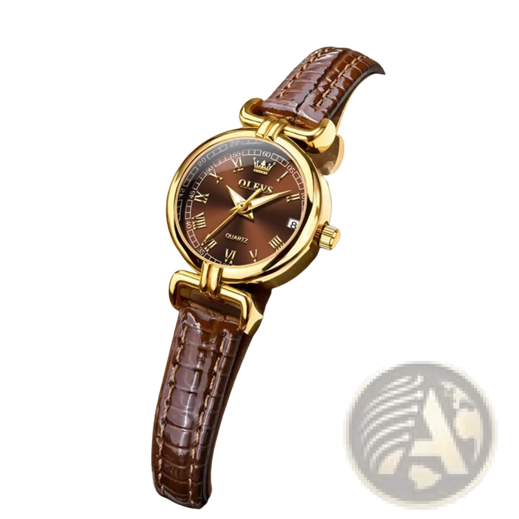 Olevs women gold quartz watch with gold-tone case brown crocodile leather strap and dark brown roman numeral dial