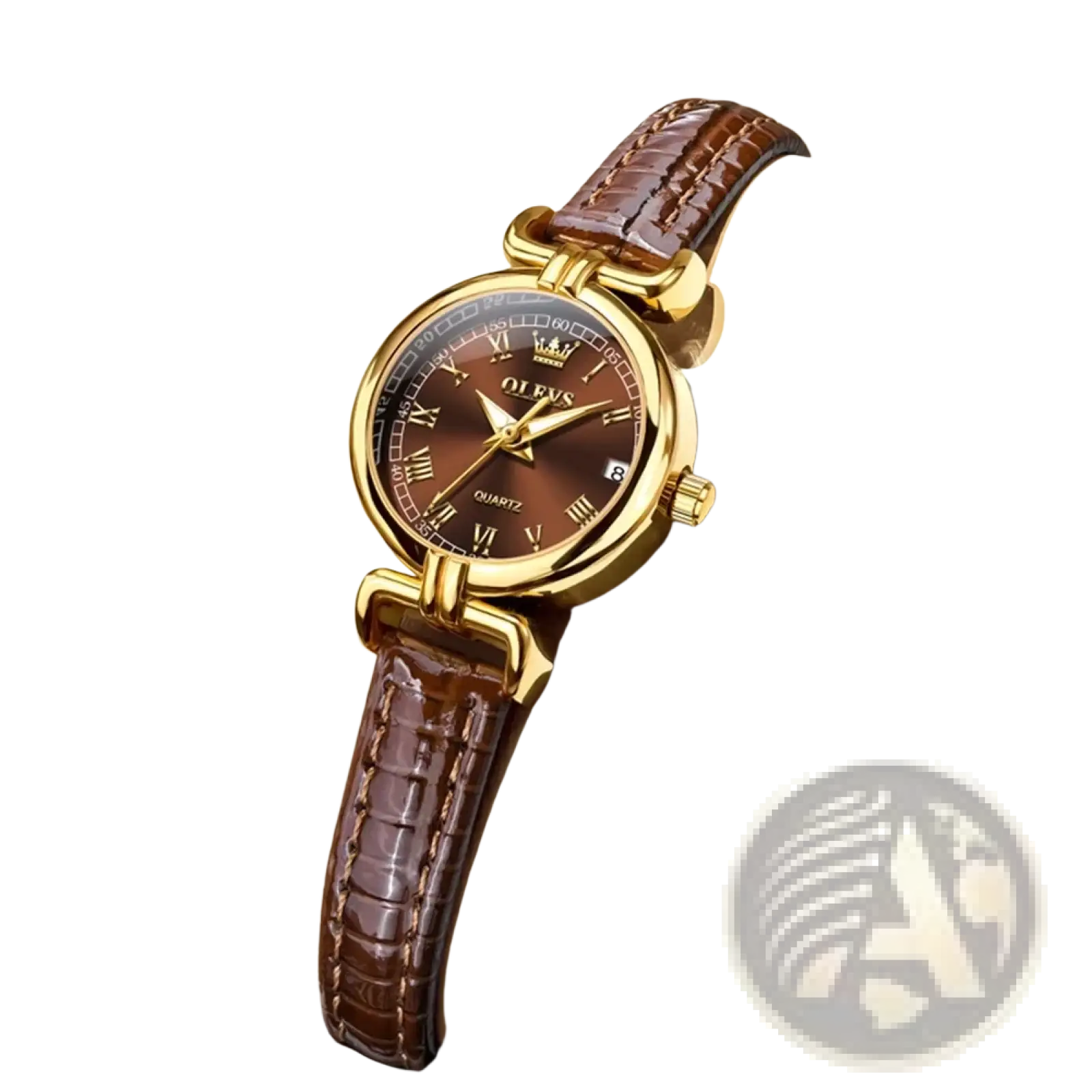 Olevs women gold quartz watch with gold-tone case brown crocodile leather strap and dark brown roman numeral dial